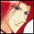 Pixelated anime-style character with red hair and blue eyes, side profile against black background with text elements.