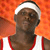 Pixelated image of a person wearing a white headband and red-and-white sleeveless shirt against an orange background.