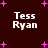 Dark red background with four identical white text blocks reading "Tess Ryan" arranged in a , surrounded by scattered pink plus signs