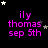 Black background with pink text 'ily thomas sep 5th' and scattered white and gray stars in a