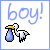 Pixel art contact sheet showing two frames of an animated icon with a stork holding a baby bundle and the text 'boy!' above it, displayed side-by-side on a white background with blue borders.