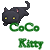 Pixelated black cat with yellow eyes and pink inner ears leaping over green text reading "CoCo" above "Kitty" on white background.