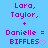 Pixelated text on a light blue background reads 'Lara, Taylor, + Danielle = BIFFLES' with a pink heart symbol.