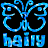 Pixelated blue butterfly-shaped logo with stylized text below on black background, static single-frame image.