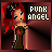 Pixel art contact sheet of a punk angel character with red hair and dark dress across six animated frames showing text and facial expression changes.