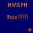 Blue background with orange text 'HMS FH' and 'Rox!!!!!' repeated in a , featuring animated orange symbols that change position and shape across frames