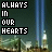 Pixelated image with text "ALWAYS IN OUR HEARTS" over a background of blue vertical beams and blurred greenery.
