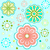 Pixelated floral pattern with repeating circular and flower-shaped designs in pastel colors on a light blue background.