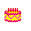 Pixelated birthday cake icon with pink and yellow layers, red candles on top, and animated candle flames against a white background.