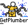 Pixel art animation featuring a yellow stick figure with white belt and blue water splashes, alongside red "badass buddy .com" text and black "GetPlumber" text on gray background.