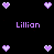 Pixelated purple hearts and text 'Lillian' on black background with static composition.