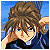 Pixelated anime-style character with brown hair and blue eyes, wearing a dark jacket over white shirt, hand near face against blue background.
