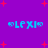 Purple background with red starbursts and four cyan 'LEXI' text elements in pixelated font, each enclosed by circular brackets.