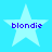 Four identical light blue stars on a bright cyan background, each containing the word 'blondie' in purple pixelated text.