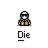 Animated contact sheet of a pixel art character in various poses and states with repeated text "Die" below each frame on gray background.