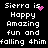 Pixelated text displays 'Sierra is Happy Amazing fun and falling 4him' with pink heart or particle effects on a black background.
