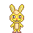 Pixel art rabbit with yellow body, brown accents, pink cheeks, and a red nose stands against a solid gray background.