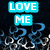 A digital graphic with cyan text blocks reading LOVE ME, OR, HATE ME over a dark background of blue and white swirling lines.