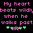 Pixelated text in pink reads 'My heart beats wildly when he walks past me' with green plus signs and a small green shape below the text on a black background.
