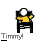 Animated pixel art contact sheet showing a yellow and black character named Timmy in various poses across 25 frames, with text below each frame that changes from 'Timmy!' to partial or missing letters.