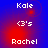 Blue and red gradient background with white text reading 'Kale', '<3's', and 'Rachel' in pixelated font across four
