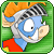 Pixelated cartoon character with blue face, orange hair, and silver helmet on green background; text below reads 'DEFENDER' or 'MERIDELL'.