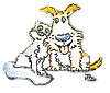 Animated cartoon of a dog and cat sitting together, the dog has yellow ears and tail tip, blue nose, tongue out, cat is white with black spots.