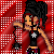 A 4-frame pixel art animation of a cartoon character with black hair in a high ponytail, wearing a black crop top with white star and purple shorts, performing arm movements against a red dotted background.