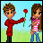 Pixel art animation of two characters: a boy offering a red rose to a girl, with text changing across frames.