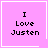 Four pink square with white borders display "I Love Justen" text; two have small white symbols in bottom corners