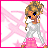Pixelated character with blonde braided hair, blue eyes, white long-sleeve top, pink checkered pants, and brown shoes against a pink starry background.