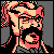 Pixelated static icon of a stylized character with pink and beige tones against gray background, featuring exaggerated facial features and flowing hair-like shapes.