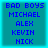 Four identical pixelated blue text on teal background with 'BAD BOYS' at top and names below, arranged in a
