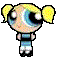 Six pixelated cartoon character poses with yellow pigtails, large blue eyes, and light blue striped shirts against a gray background.