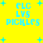 Yellow background with cyan text and plus signs; four identical sections display 'PLC LVS PICKLES' in pixelated font, some with asterisks or colons on the first line.