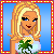 Pixelated blonde woman with blue eyes holding a white bowl of green flowers against a solid light blue background.