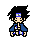 Pixel art character with black spiky hair and blue headband, wearing blue jacket over white shirt, seated in various poses with smoke effects.