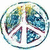 Circular peace symbol icon with blue, green, and yellow segments in a watercolor style.