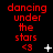 Red text reading 'dancing under the stars <3' on a black background with white star and plus symbols, animated to change symbol positions.