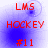 Red text on blue gradient background with four identical showing LMS, HOCKEY, and #11 in pixelated font