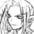 Static grayscale pixel art of a stylized character face with abstract flowing lines, likely from an anime or game series, rendered in low resolution on a white background.
