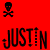 Red background with black pixelated skull and crossbones in top-left corner, large stylized text reading 'JUSTIN' below.