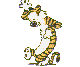 Animated sequence of a tiger-like cartoon character in various dynamic poses against a solid gray background.