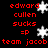 Red text on black background with white snowflakes, displaying phrases like 'edward cullen sucks =P' and 'team jacob', animated to show different snowflake positions.