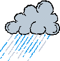 Three light blue clouds with black outlines on a gray background, each emitting blue raindrops.