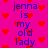 Pixelated text and red hearts on a bright pink background, with blue text reading "jenna is my old lady" repeated vertically.
