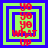 Four identical square arranged in a , each containing layered blue and green borders with red text reading 'YB' above 'WHAT UP'