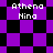 Pixelated purple and black checkered pattern with repeated text "Athena Nino" in white block letters across four distinct sections.