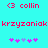 Cyan background with red pixelated text 'collin' and 'krzyzoniak', pink and purple star-like symbols, two identical side-by-side layouts.