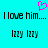 Cyan background with black text reading "I love him..." and "lzzz lzzz", a pink pixelated heart above the left text.